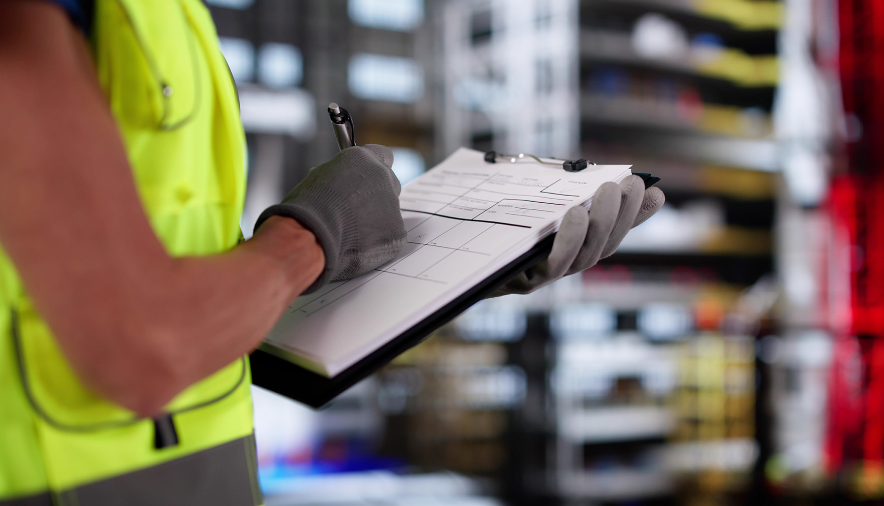 Construction worker in a safety vest holding a clipboard with a checklist, emphasizing safety program compliance and risk management.