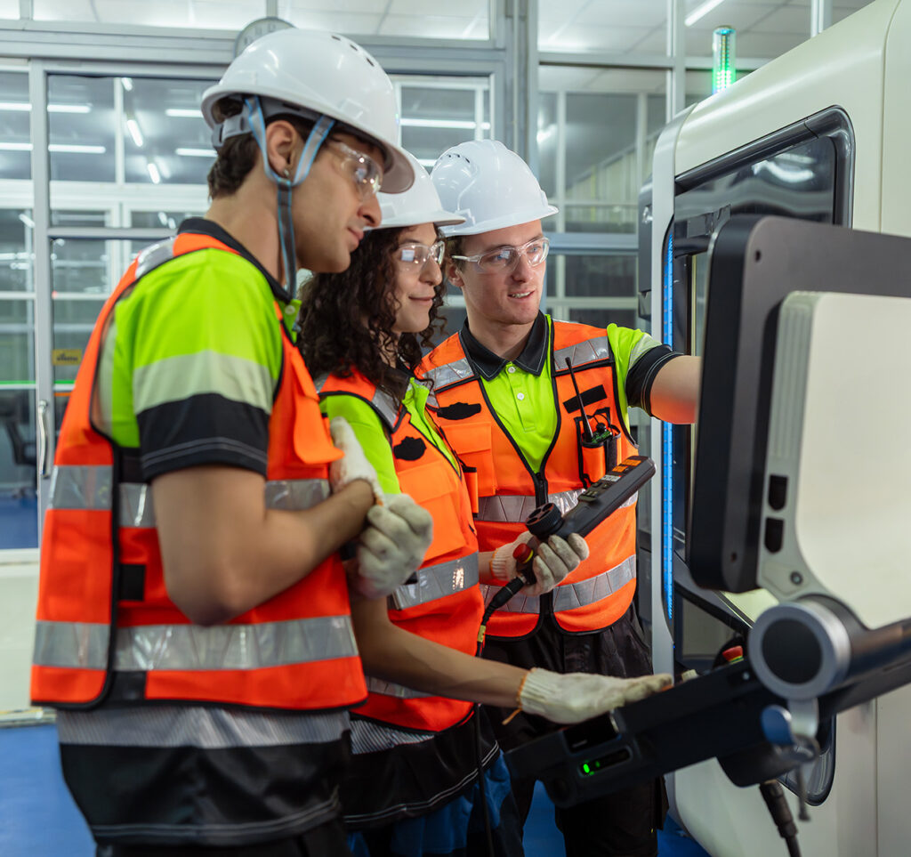 Three safety-conscious workers in high-visibility vests and hard hats collaborating on machinery operation, emphasizing workplace safety and compliance in industrial settings.