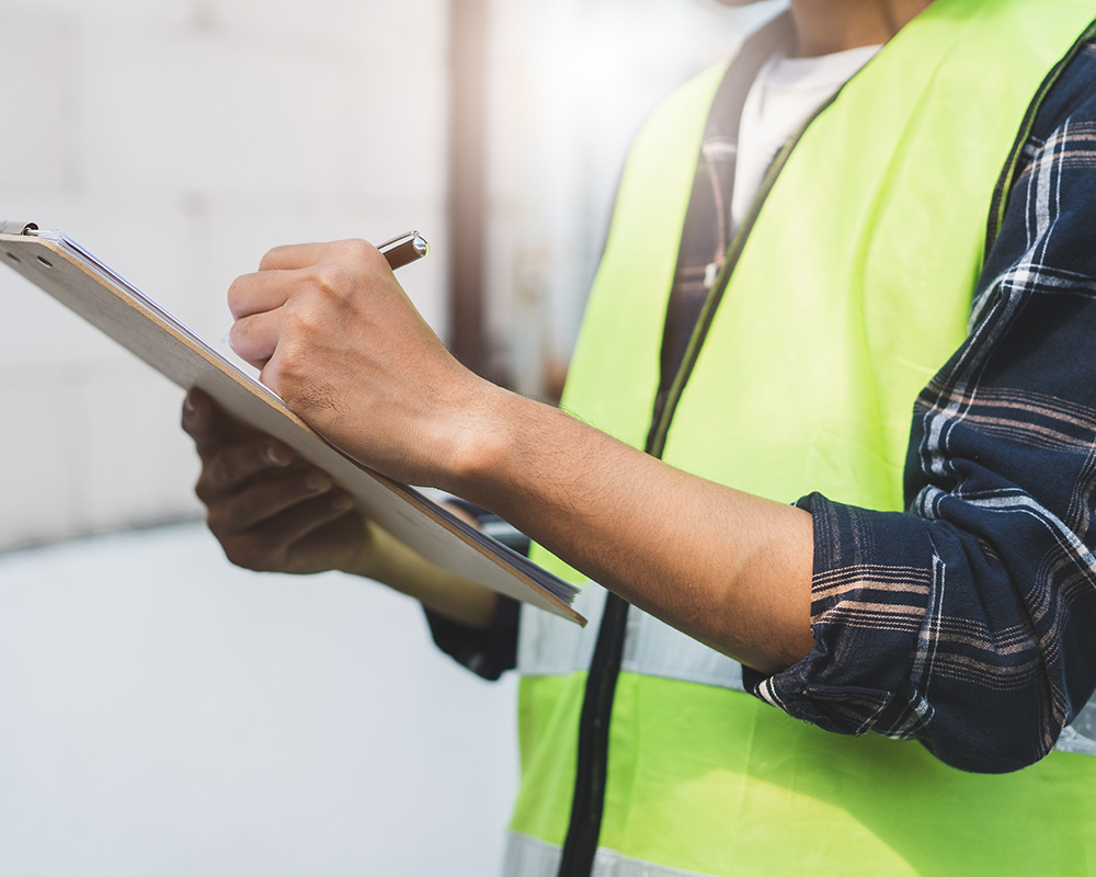 Person in a safety vest holding a clipboard and pen, engaged in workplace safety assessment or compliance check.