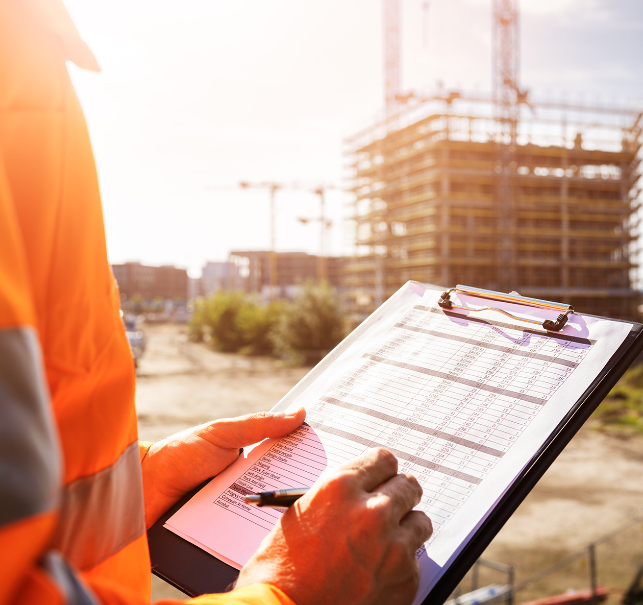 Construction worker in safety gear reviewing OSHA compliance checklist on clipboard at construction site.