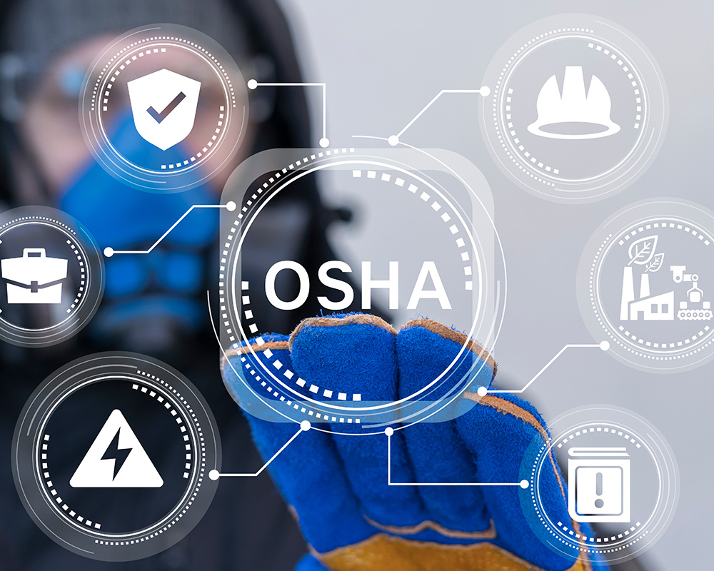 Person wearing blue gloves with safety icons and "OSHA" text, emphasizing workplace safety and compliance resources for employers.
