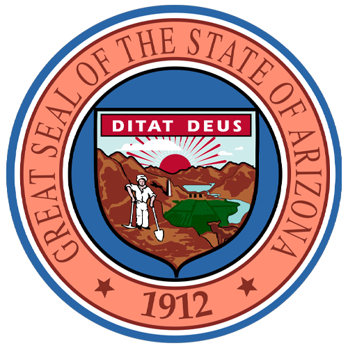 Great Seal of the State of Arizona featuring a miner, mountains, and the sun, symbolizing Arizona's natural resources and heritage, relevant to OSHA safety training and consulting services in Arizona.