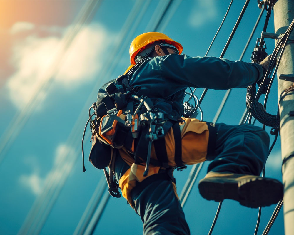 Electrician climbing utility pole, wearing safety harness and helmet, working on electrical lines, emphasizing electrical safety and compliance with OSHA standards.
