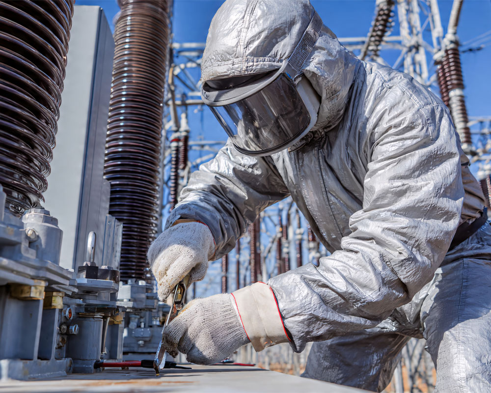 Electrical safety technician in protective gear working on high-voltage equipment in a power substation, emphasizing workplace safety and compliance training.