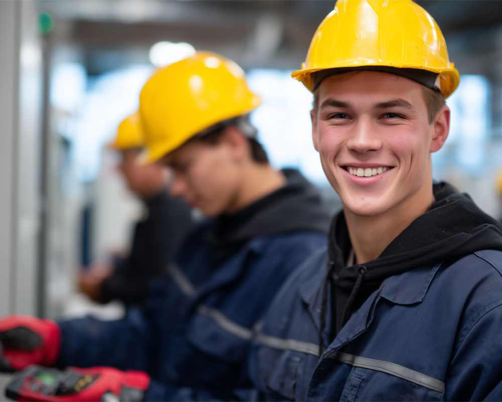 Young electrical worker smiling, wearing a yellow hard hat and safety gloves, in a workplace setting focused on electrical safety and compliance.