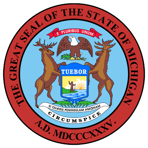 Great Seal of the State of Michigan, featuring a blue shield with a sun rising over water, flanked by two elk, and an eagle above, symbolizing the state's heritage and commitment to safety and compliance.
