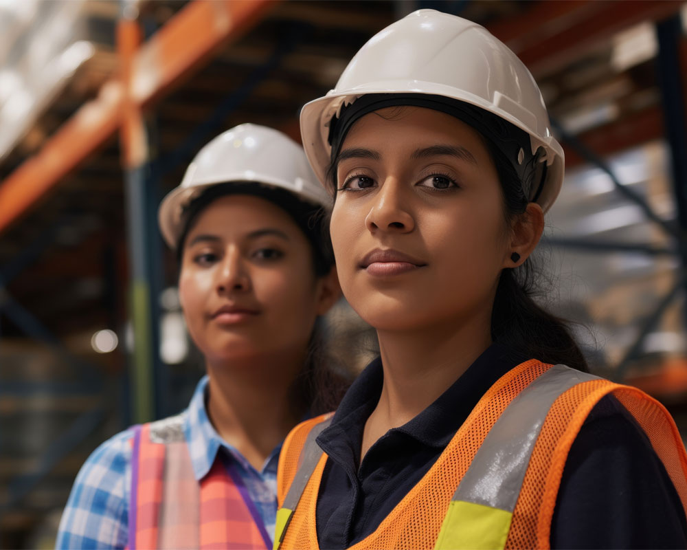 Two women wearing safety helmets and high-visibility vests in a warehouse setting, representing workplace safety and consulting services.