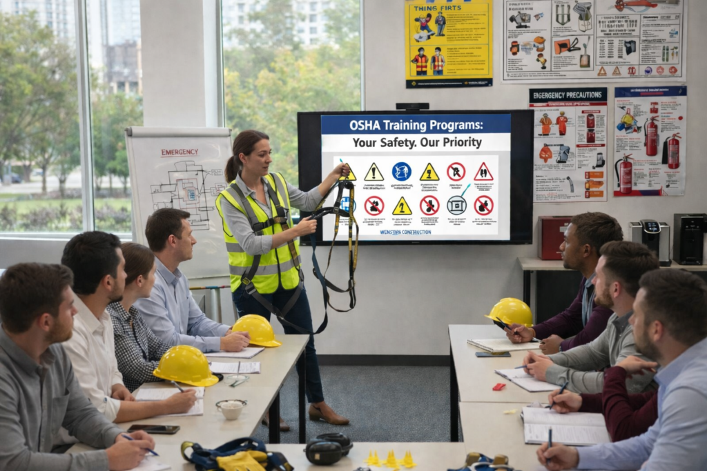 Woman demonstrating safety harness in OSHA training session with attendees in hard hats and safety materials displayed.