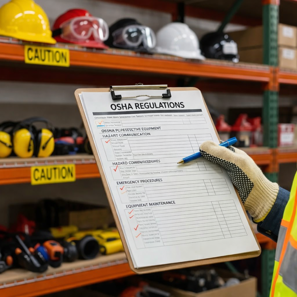 Clipboard with OSHA regulations checklist, highlighting safety requirements like PPE and hazard communication, in a workplace setting with safety gear and equipment in the background.