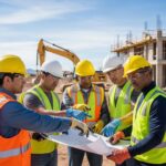Diverse construction workers in personal protective equipment (PPE) reviewing safety plans on a job site, emphasizing OSHA compliance in Arizona.