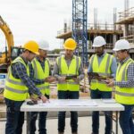 Contractors discussing safety compliance documents at a construction site