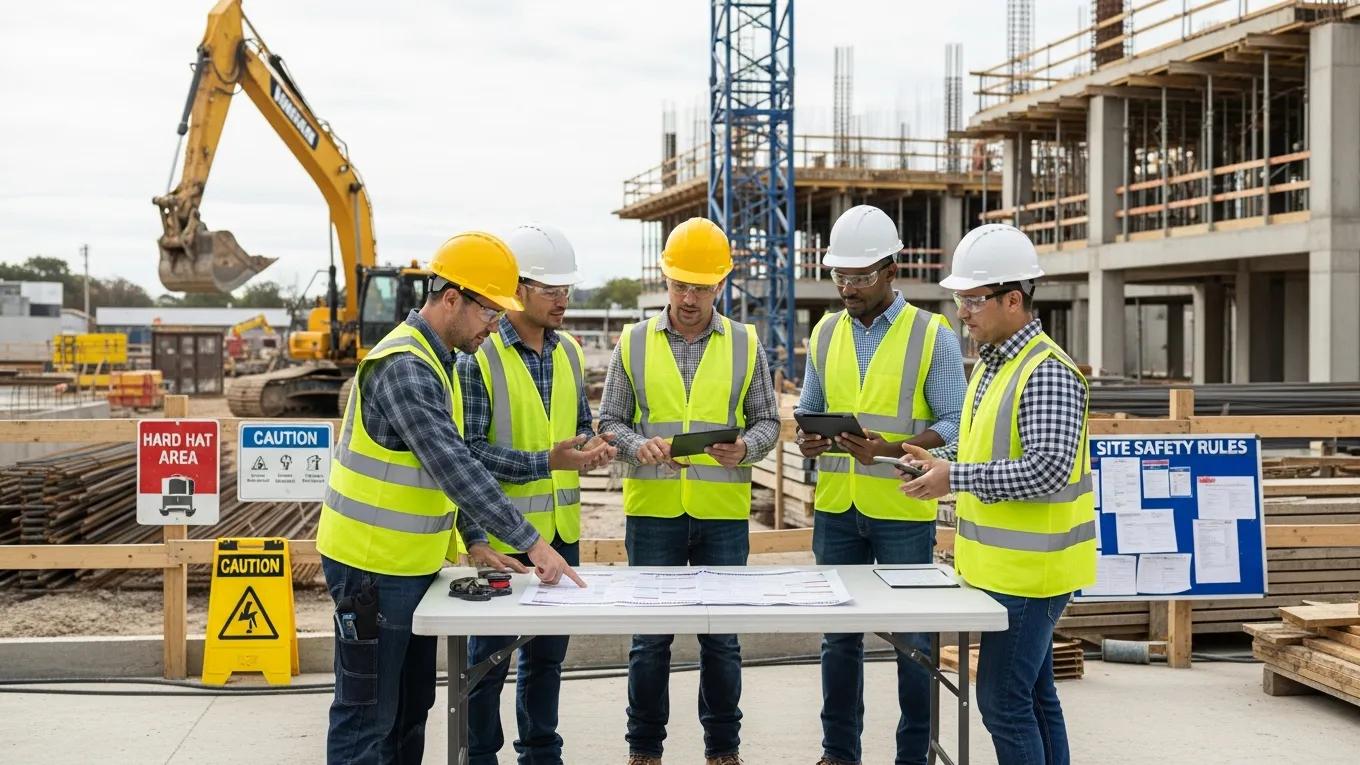 Contractors discussing safety compliance documents at a construction site