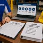 Laptop displaying workplace safety icons and OSHA compliance documents.