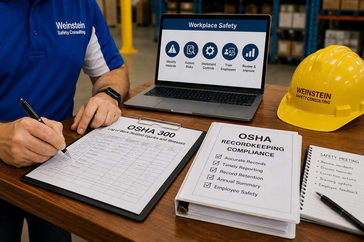 OSHA 300 form and workplace safety laptop illustrating recordkeeping compliance and safety program elements.